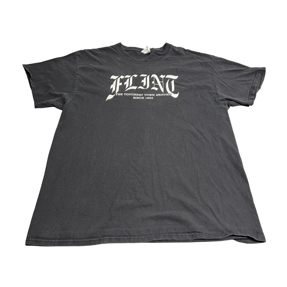 Vintage Flint Michigan Slogan T-Shirt Toughest Town Around Faded Black Sz XL Rap